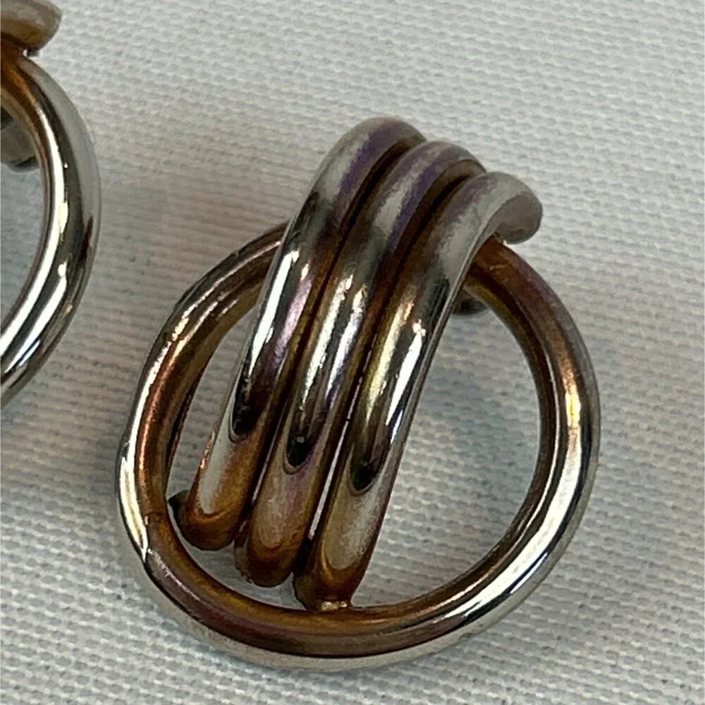 Vintage Tube Earrings Round Design Gold Silver Tone 80s Geometric - Picture 3 of 7